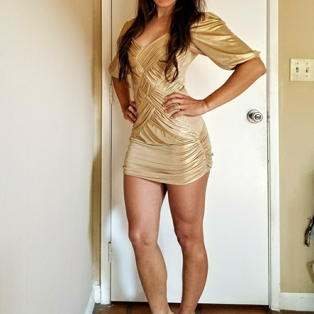 Bebe gold metallic ruched tunic dress bodycon xs